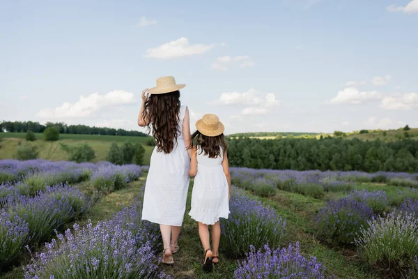 Back view of mother and child in summer dresses and straw hats walking in lavender meadow — Photo de stock