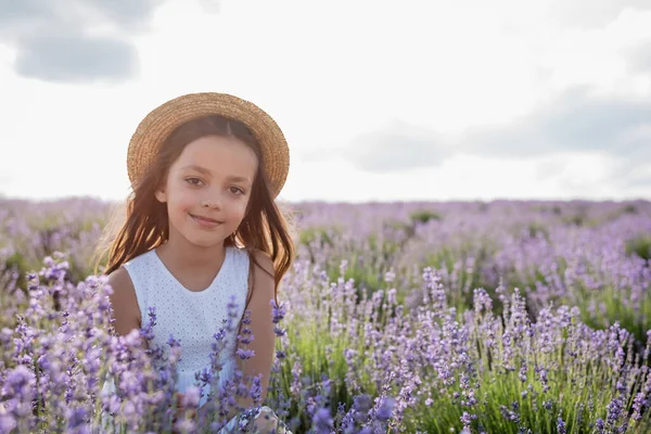 Брюнетка дівчина в солом'яному капелюсі посміхається на камеру в лавандовому полі в літній день — стокове фото