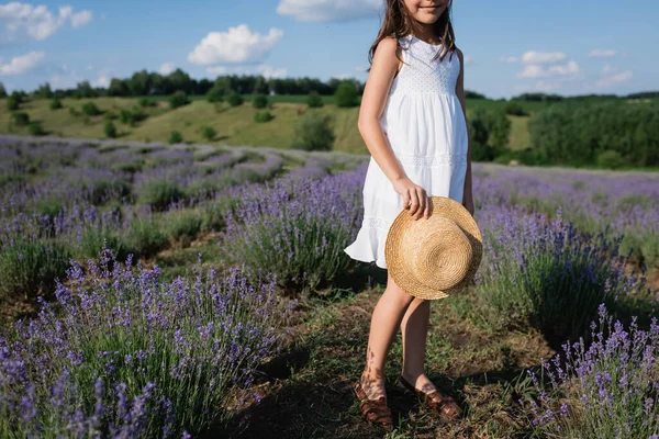 Обрезанный вид ребенка, стоящего в соломенной шляпе на лавандовом поле в летний день — стоковое фото
