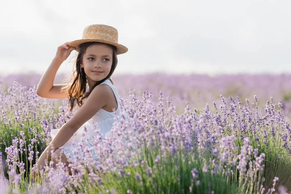 Brunette girl in straw hat looking away in field with blooming lavender — Photo de stock