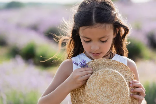 Girl with long hair decorating straw hat with lavender flowers — Fotografia de Stock