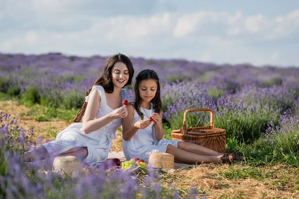 Smiling mother and child eating strawberries during picnic in lavender meadow - foto de stock