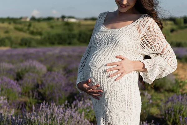 Partial view of pregnant woman in dress embracing her belly in lavender field — Photo de stock