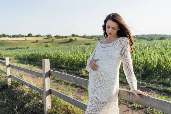 Brunette pregnant woman standing at wooden fence in field — Fotografia de Stock