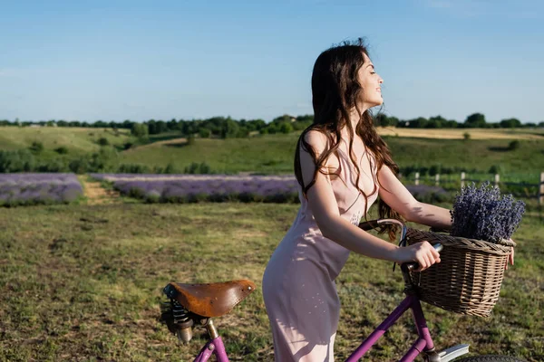 Side view of brunette woman walking with bike and lavender in wicker basket - foto de stock