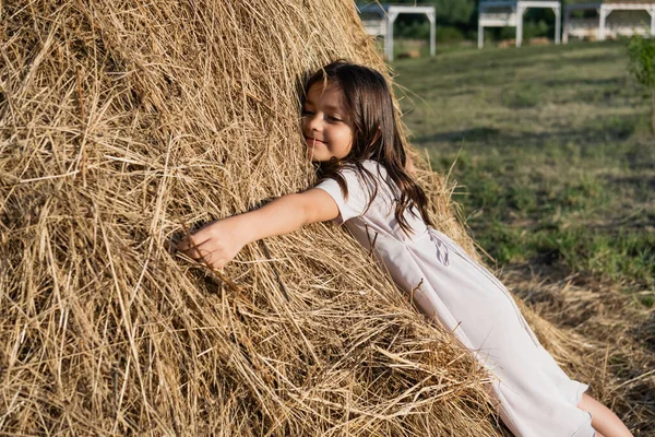 Joyful girl in pink dress embracing haystack in field — Stockfoto