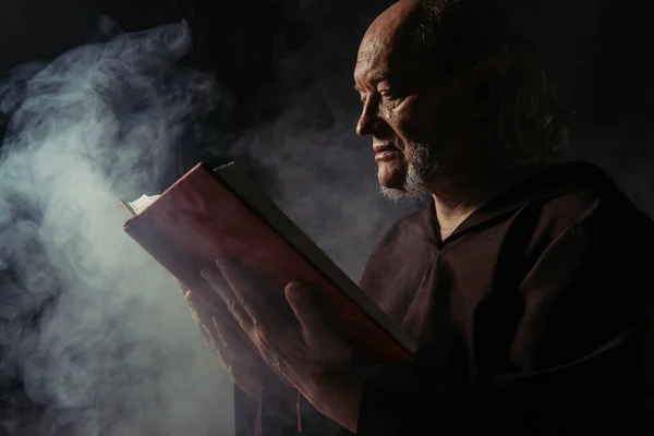 Vista lateral del sacerdote en bata negra leyendo la sagrada biblia sobre fondo oscuro con humo - foto de stock