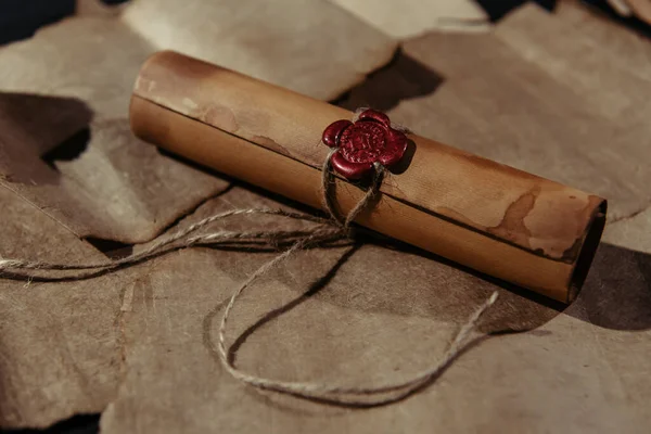 Antique manuscript stamped with wax seal on parchment surface — Stock Photo