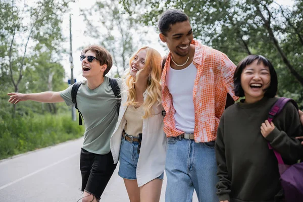 Laughing multicultural hitchhikers stopping car on countryside road — Stockfoto