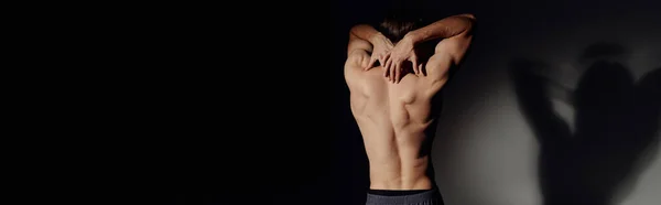 Back view of man with muscular body standing on black and grey background, banner — Stock Photo