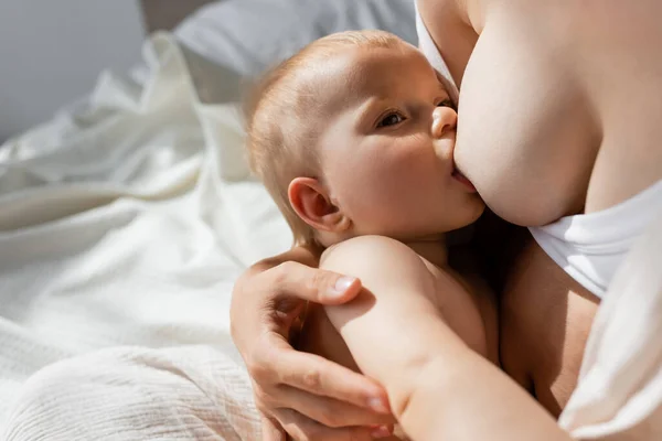 Высокий угол зрения матери грудного вскармливания дочки в спальне — стоковое фото