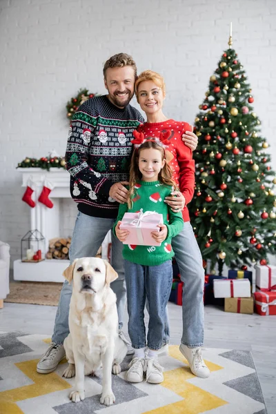 Família positiva abraçando filha com presente de Natal e labrador em casa — Fotografia de Stock