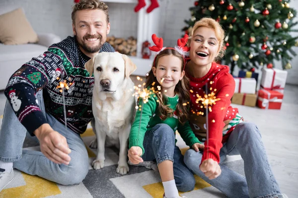 Fröhliche Frau hält Wunderkerze in der Nähe von Familie und Labrador im neuen Jahr — Stockfoto