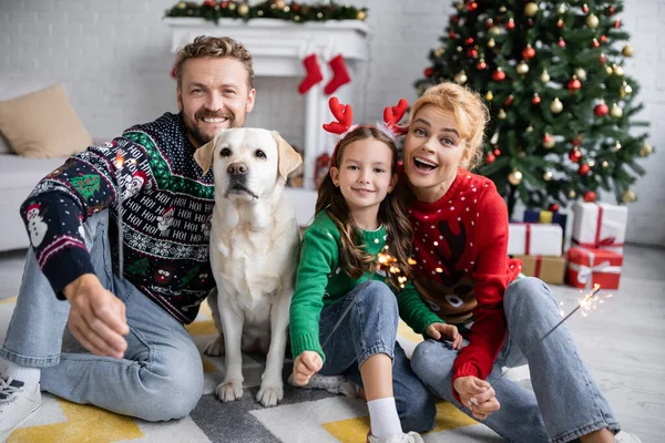 Familie mit Labrador hält verschwommene Wunderkerzen zu Weihnachten zu Hause — Stockfoto