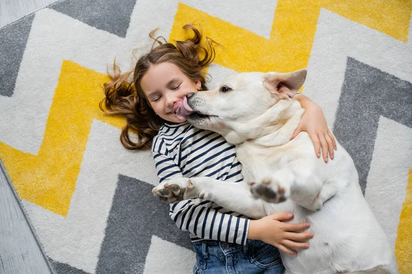 Vista superiore del labrador leccare il viso del bambino allegro sul pavimento a casa — Foto stock