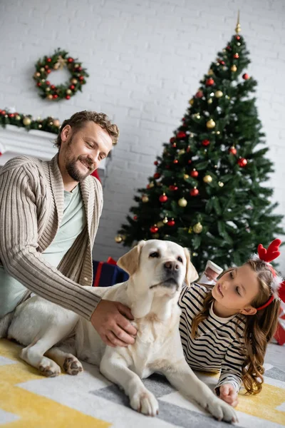 Улыбающийся мужчина гладит лабрадора рядом с дочерью и размывает рождественскую елку дома — стоковое фото