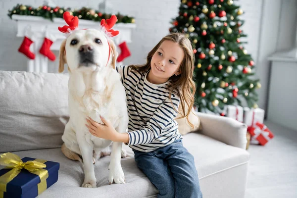 Menina positiva olhando para labrador com headband de Natal perto presente no sofá em casa — Fotografia de Stock
