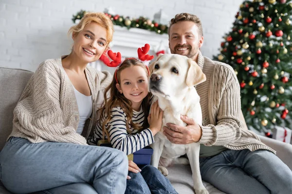 Sonrientes padres mirando a la cámara cerca de su hija con diadema de navidad abrazando a labrador en casa - foto de stock