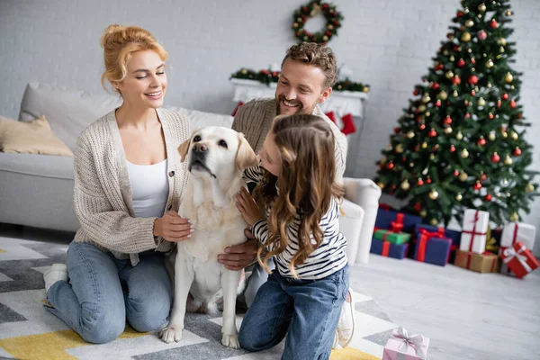 Sonriente familia acariciando labrador cerca borrosa árbol de Navidad en la sala de estar - foto de stock