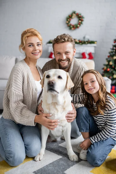 Smiling parents looking at camera near preadolescent daughter and labrador during new year at home — Stock Photo