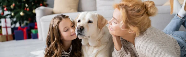 Smiling parent looking at daughter and labrador during new year at home, banner — Stock Photo