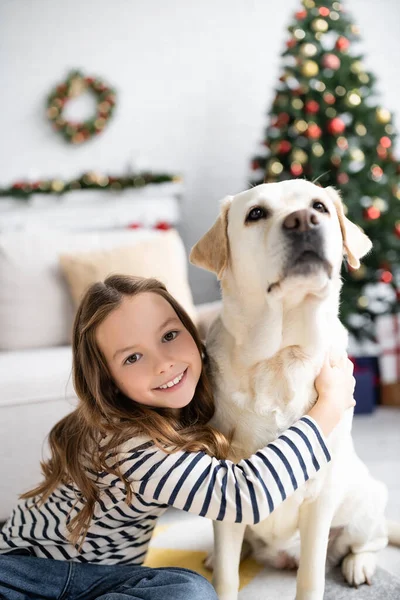 Girl smiling at camera while hugging labrador near blurred christmas tree at home — Stock Photo