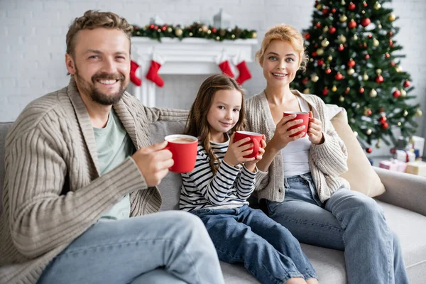 Famille souriante tenant des tasses avec du cacao pendant Noël à la maison — Photo de stock