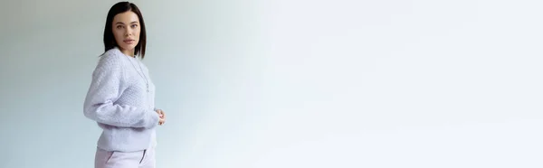 Очаровательная брюнетка в трикотажном свитере, смотрящая на камеру на сером и белом фоне, баннер — стоковое фото