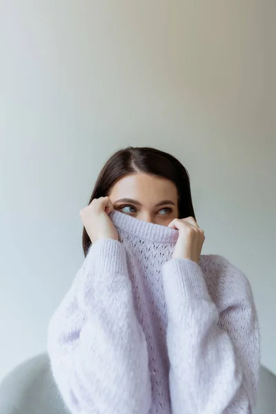 Junge brünette Frau verschleiert Gesicht mit warmem Strickpullover und schaut isoliert von grau weg — Stockfoto