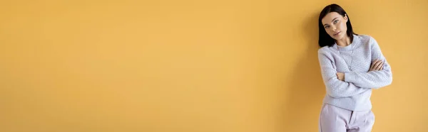 Брюнетка в теплому в'язаному светрі позує схрещеними руками на жовтому тлі, банер — стокове фото