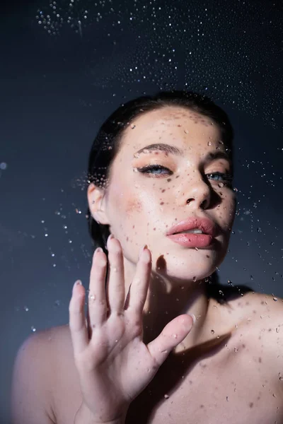 Sexy model with naked shoulders touching wet glass on grey background — Stock Photo