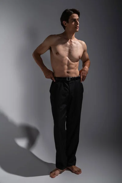 Full length of sexy man with muscular body standing in black trousers on grey — Stock Photo