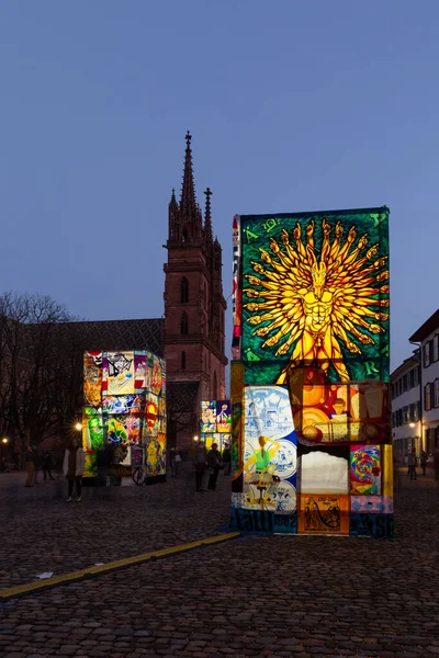 Basileia Suíça Fevereiro Praça Catedral Com Exposição Lanterna Carnaval Iluminada — Fotografia de Stock
