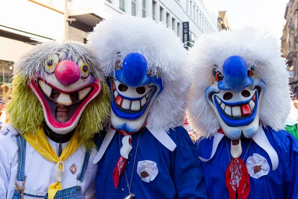 Schweiz Basel März 2022 Nahaufnahme Von Drei Karnevalisten Mit Waggis — Stockfoto