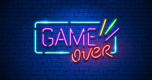 Het spel is uit. Neon Text Sign met een stenen muur achtergrond. Vector. — Stockvector