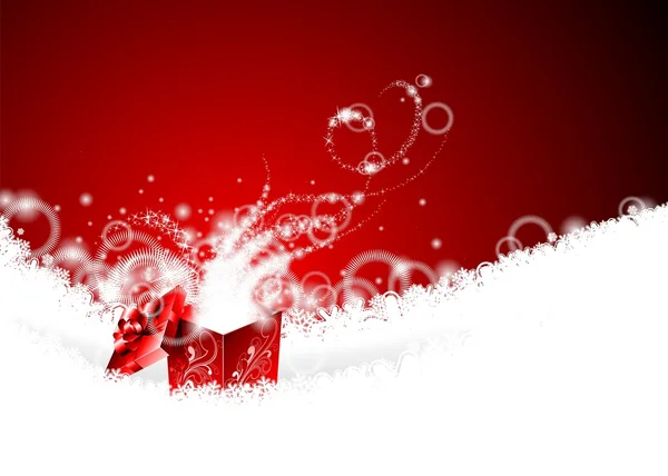 Illustrazione di Natale vettoriale con scatola regalo magica sui fiocchi di neve. — Vettoriale Stock