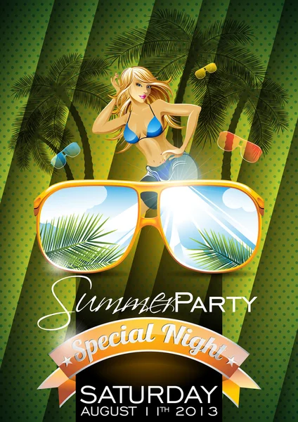 Vector Summer Beach Party Flyer Design com menina sexy — Vetor de Stock