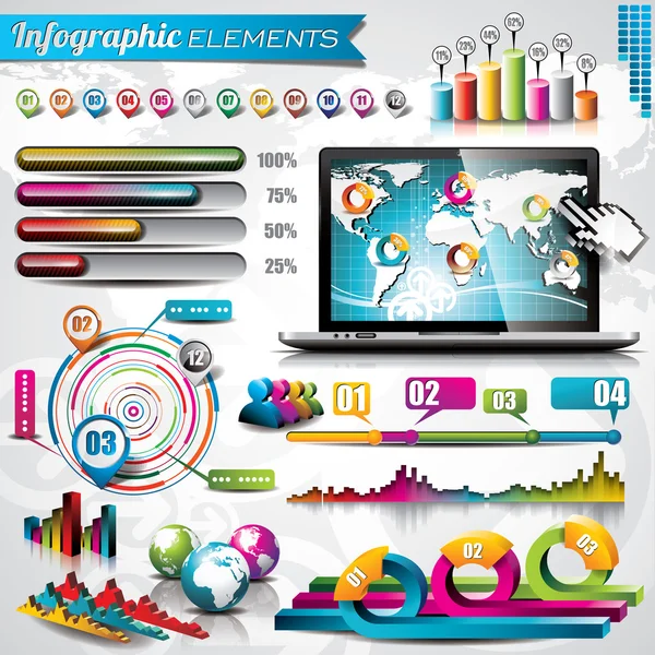 Diseño vectorial conjunto de elementos infográficos. Mapa del mundo e información gráfica . — Vector de stock