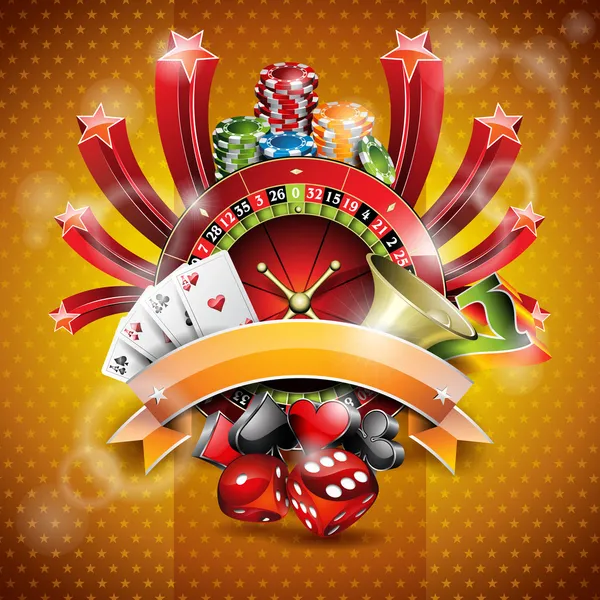 casino Tema rulet tekerleği ve kurdele ile vektör çizim.