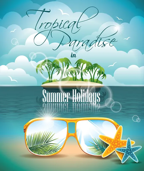 Vector Summer Holiday Flyer Diseño con palmeras y Paradise Island sobre fondo de nubes. Ilustración Eps10. — Archivo Imágenes Vectoriales