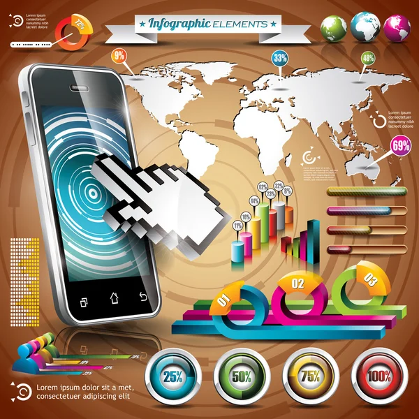 Conjunto de design vetorial de elementos infográficos. Mapa do mundo e gráficos de informações no telefone móvel . — Vetor de Stock