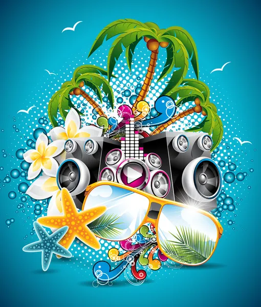 Vector Summer Beach Party Flyer Design com óculos de sol e estrelas do mar sobre fundo azul — Vetor de Stock