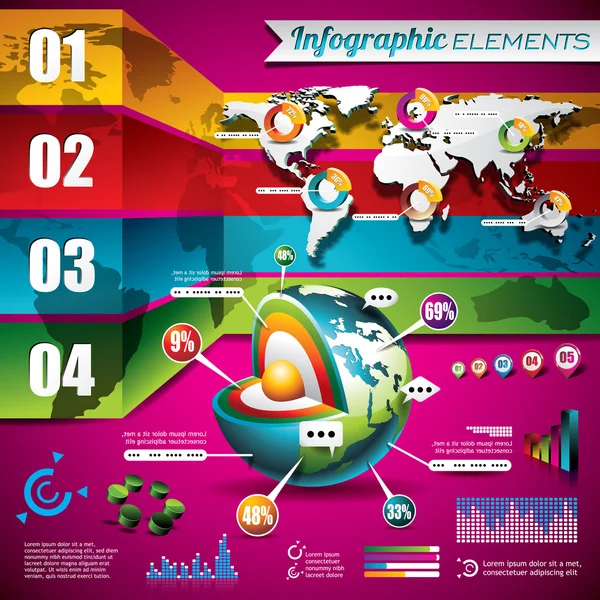 Ensemble vectoriel d'éléments d'infographie. Carte du monde et graphiques d'information . — Image vectorielle