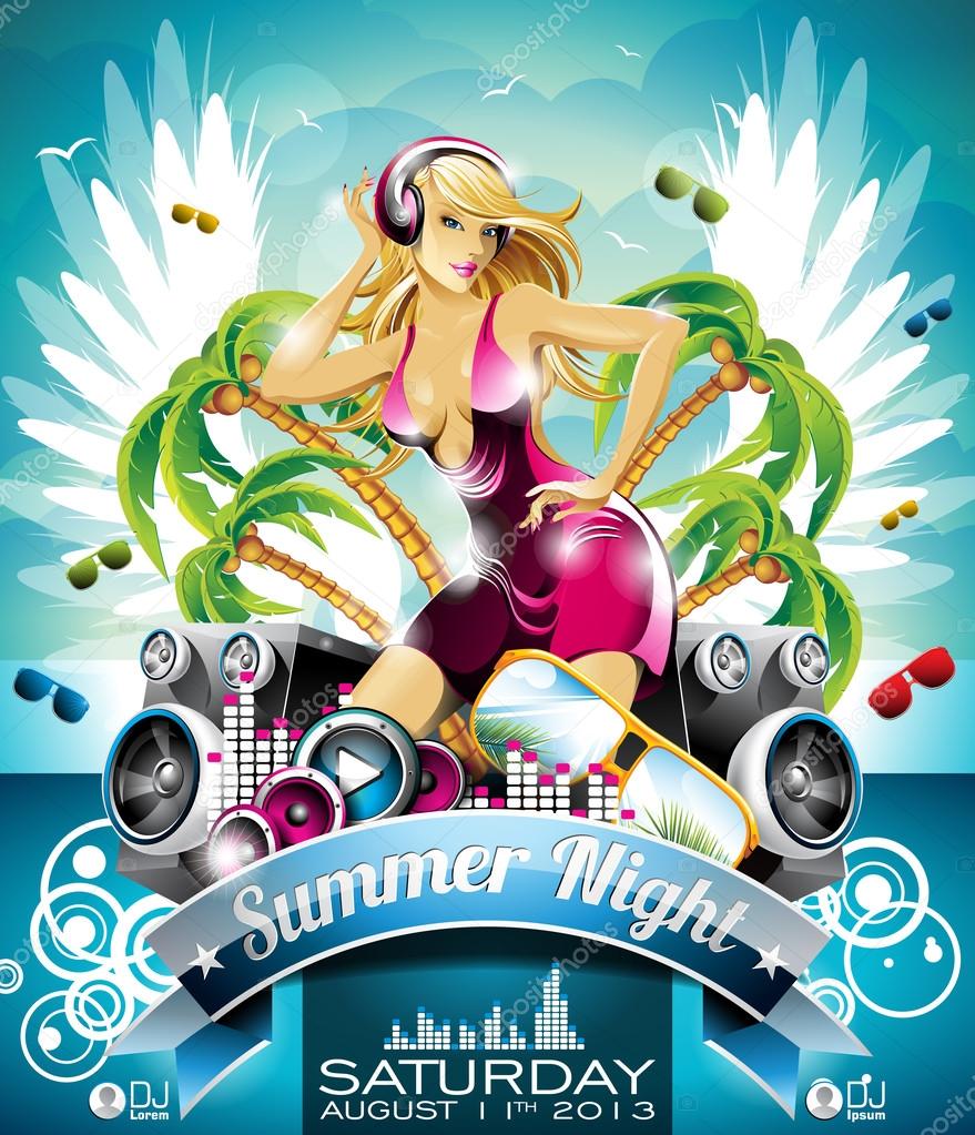 Vector Summer Beach Party Flyer Design with sexy girl and speakers on cloud background.