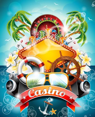 Vector illustration on a casino theme with roulette wheel and ribbon on tropical background. clipart