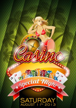 Vector illustration on a casino theme with roulette wheel and sexy girl on tropical background. clipart