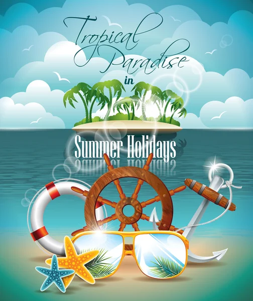 Vector Summer Holiday Flyer Design with palm trees and shipping elements on tropical background. — Stock Vector