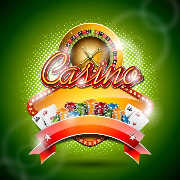 Vector illustration on a casino theme with roulette wheel and ribbon. — Stock Vector