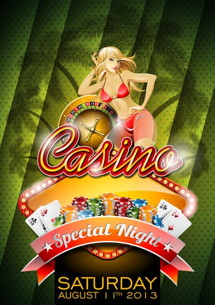 Illustrazione vettoriale su un tema da casinò con ruota della roulette e ragazza sexy su sfondo tropicale . — Vettoriale Stock