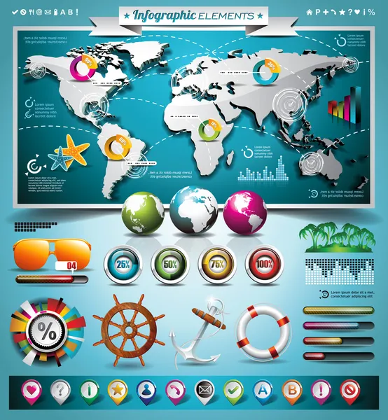 vektör yaz seyahat Infographic Dünya Haritası ve tatil öğeleri ile ayarlayın. EPS 10 illüstrasyon.